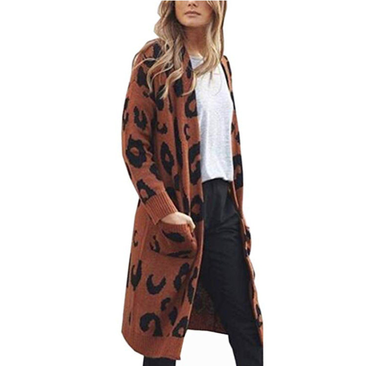 Leopard Print Knit Cardigan For Women By Street-wave Cozy Breathable Long Sleeve Coat