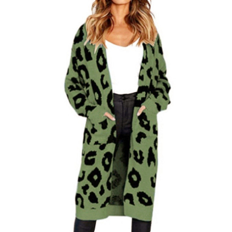 Leopard Print Knit Cardigan For Women By Street-wave Cozy Breathable Long Sleeve Coat