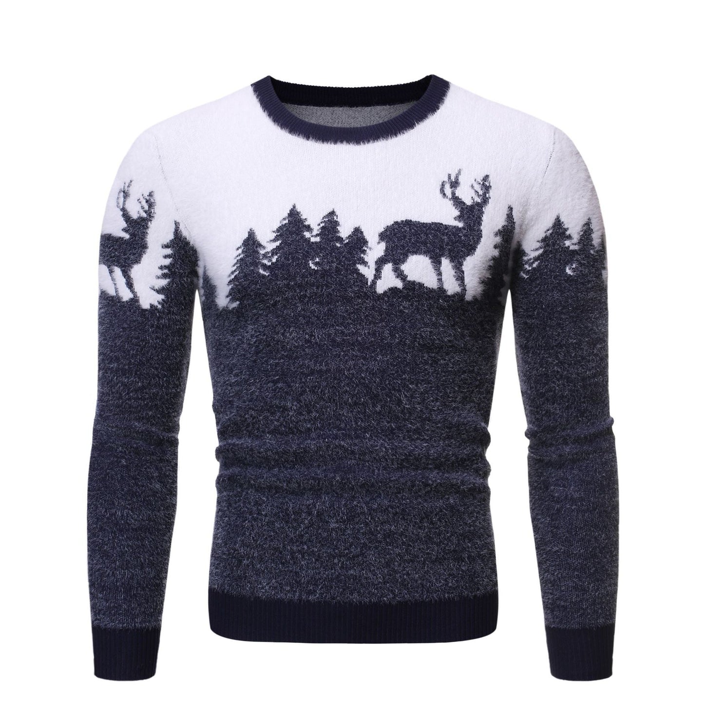 Mens Cozy Sweater With Moose Forest Motif Print Street-wave Premium Soft Knit For Winter Warmth