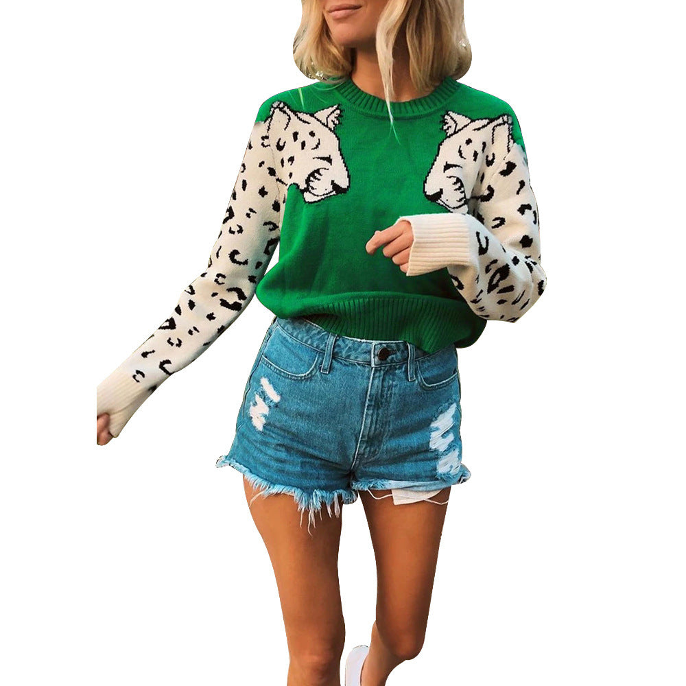 Street-wave Women's Knit Sweater With Animal Motif And Colorblocked Sleeves For Trendy Casual Wear