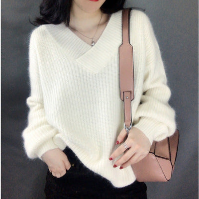 Street-Wave Womens V Neck Knit Sweater With Voluminous Sleeves Cozy Chic Everyday Wear