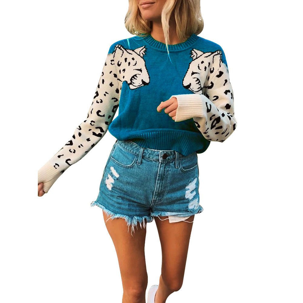 Street-wave Women's Knit Sweater With Animal Motif And Colorblocked Sleeves For Trendy Casual Wear