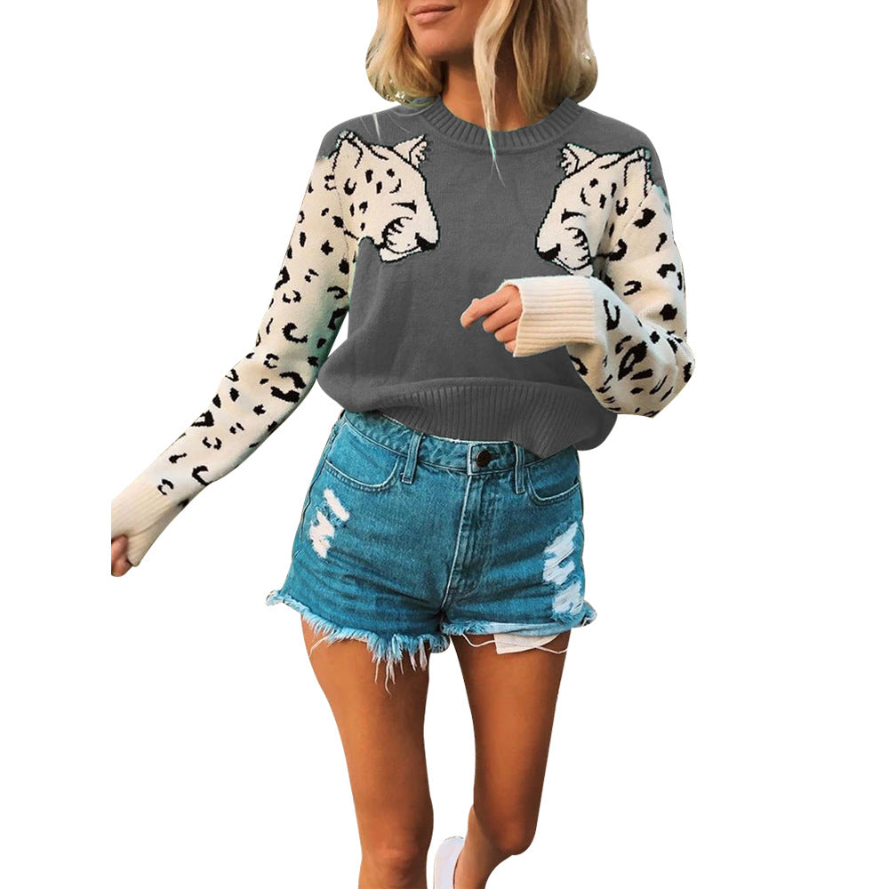 Street-wave Women's Knit Sweater With Animal Motif And Colorblocked Sleeves For Trendy Casual Wear