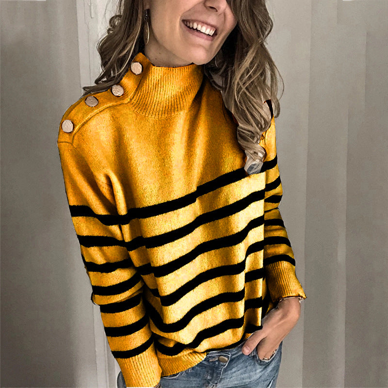 Womens Cozy Striped Knit Pullover With Stand Collar And Decorative Buttons Street Wave
