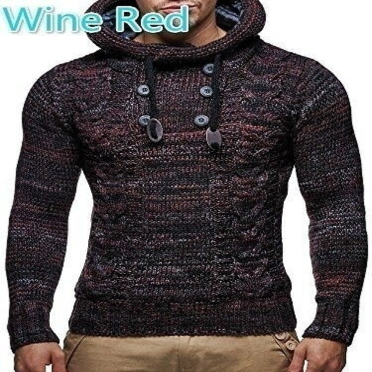 Street-wave Men's Cable Knit Hoodie Pullover With Button Neck Cozy Knit Sweater Everyday