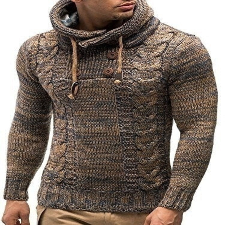 Street-wave Men's Cable Knit Hoodie Pullover With Button Neck Cozy Knit Sweater Everyday