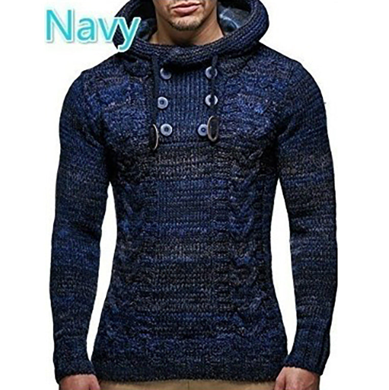 Street-wave Men's Cable Knit Hoodie Pullover With Button Neck Cozy Knit Sweater Everyday
