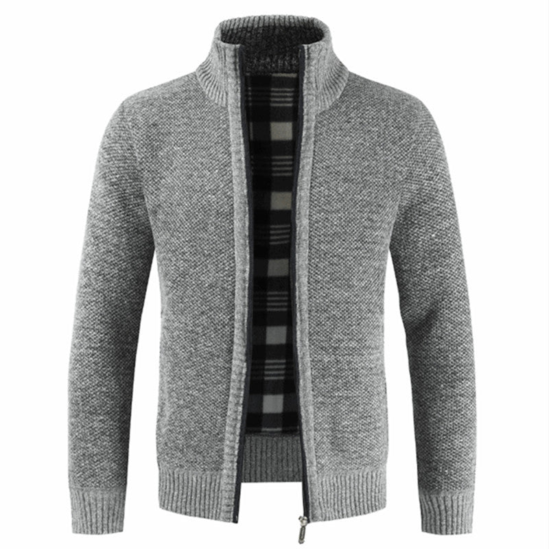 Street Wave Men's Knit Cardigan With High Collar And Plush Lined Interior For Everyday Winter Style