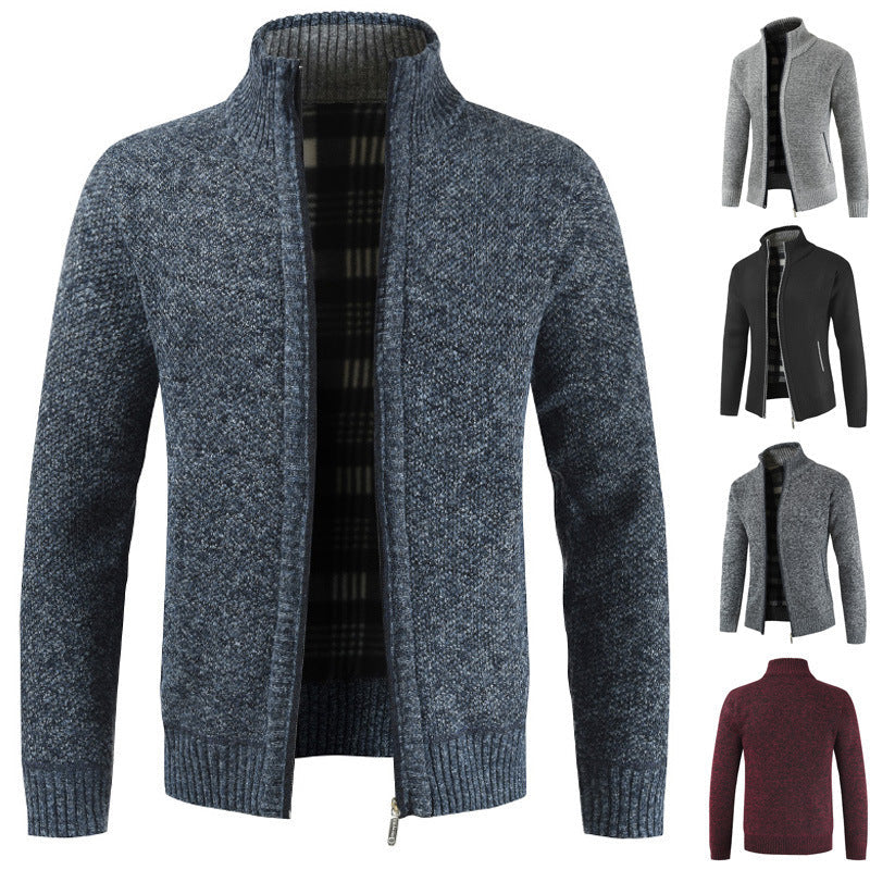 Street Wave Men's Knit Cardigan With High Collar And Plush Lined Interior For Everyday Winter Style