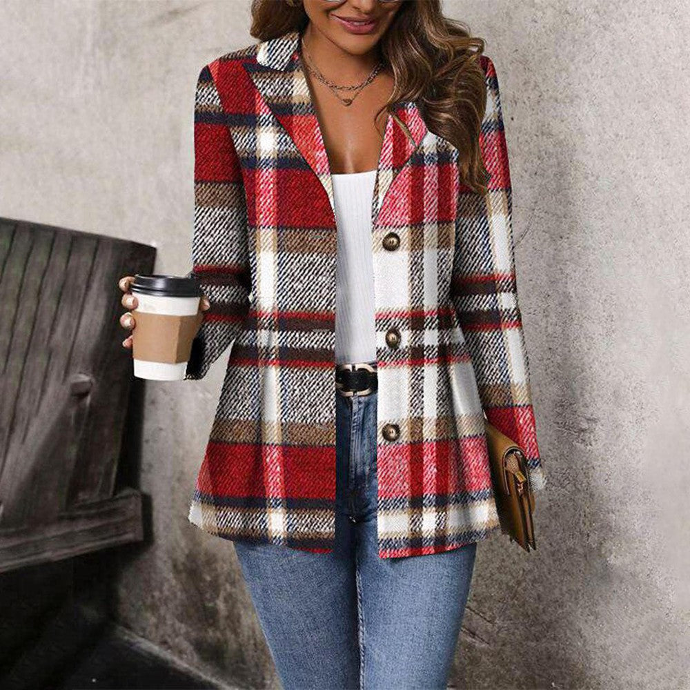 Street-wave Vintage Plaid Blazer For Women With Lapel Collar Durable And Chic Everyday Wear