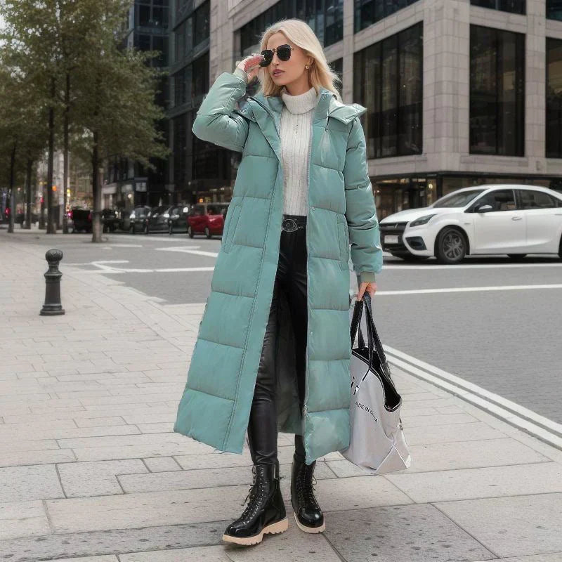 Street Wave Long Puffer Down Coat For Women With Hood And High Collar Warm And Comfortable