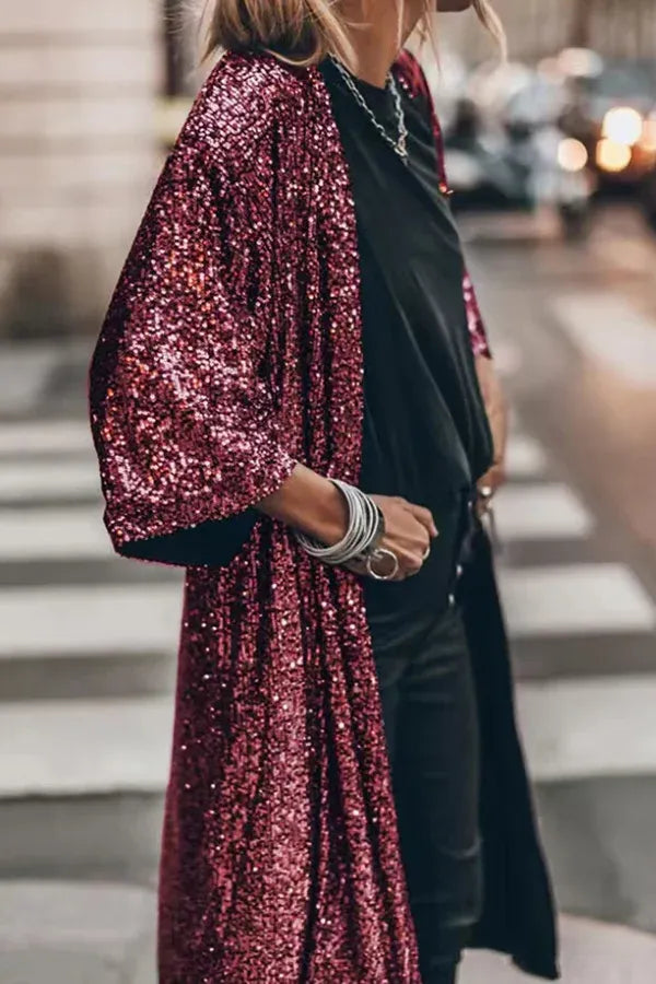 Street Wave Sequin Kimono For Party Lovers Reflective Shine And Glittering Bell Sleeves