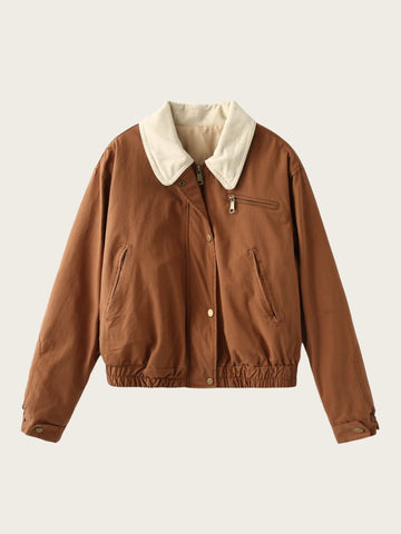 Street-wave Corduroy Collar Bomber Jacket Unisex Casual Outerwear With Zip Front And Utility Pockets