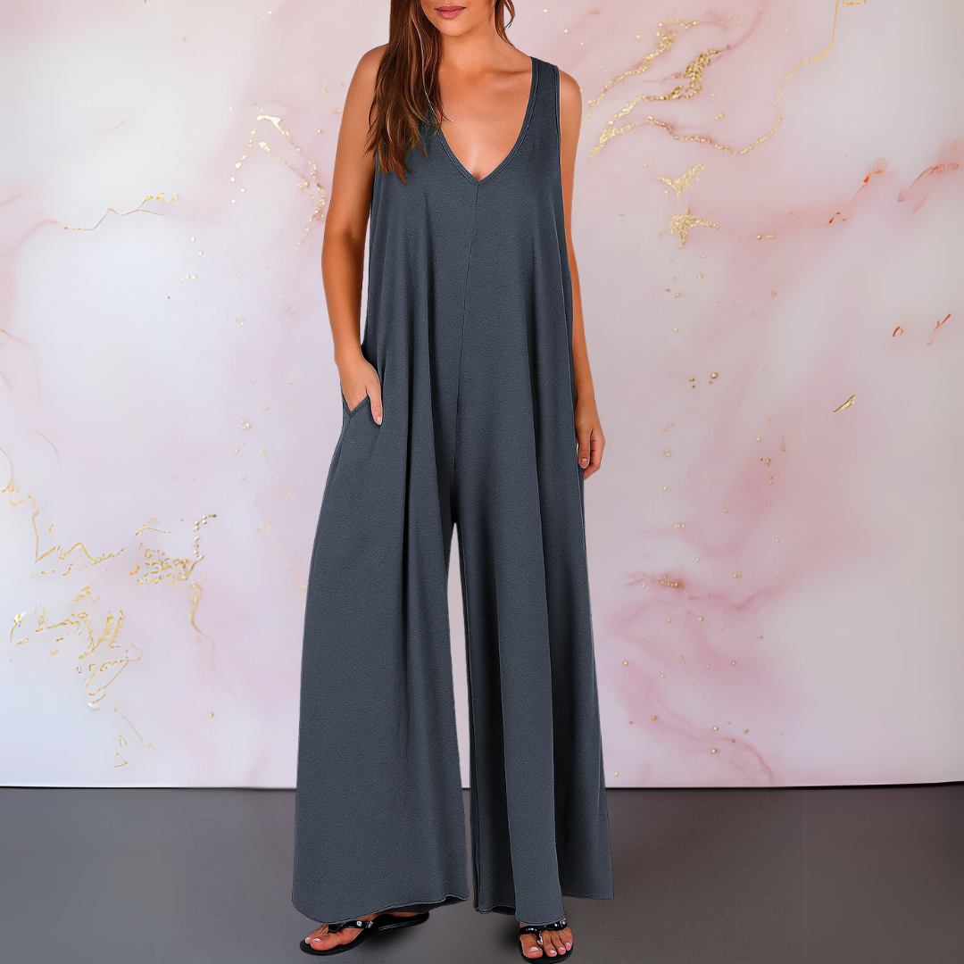 Women's V-Neck Sleeveless Jumpsuit with Wide Legs and Pockets
