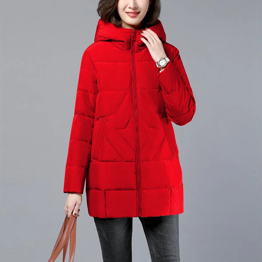 Street-wave Puffer Jacket For Women Warm Hip Length Hooded Winter Coat With Waffle Knit Texture