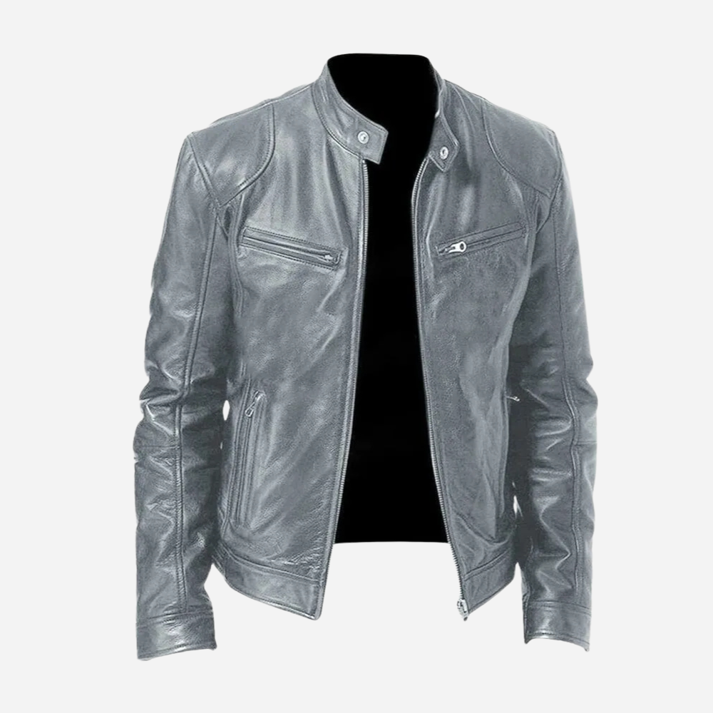 Mens Genuine Leather Biker Jacket Slim Fit With Snap Tab Collar And Zipper Closure