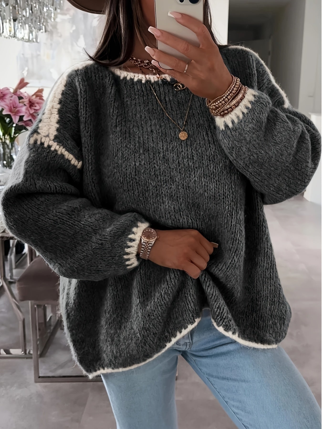 Street-Wave Loose Knit Pullover For Women Soft Cozy Comfort With Crochet Details