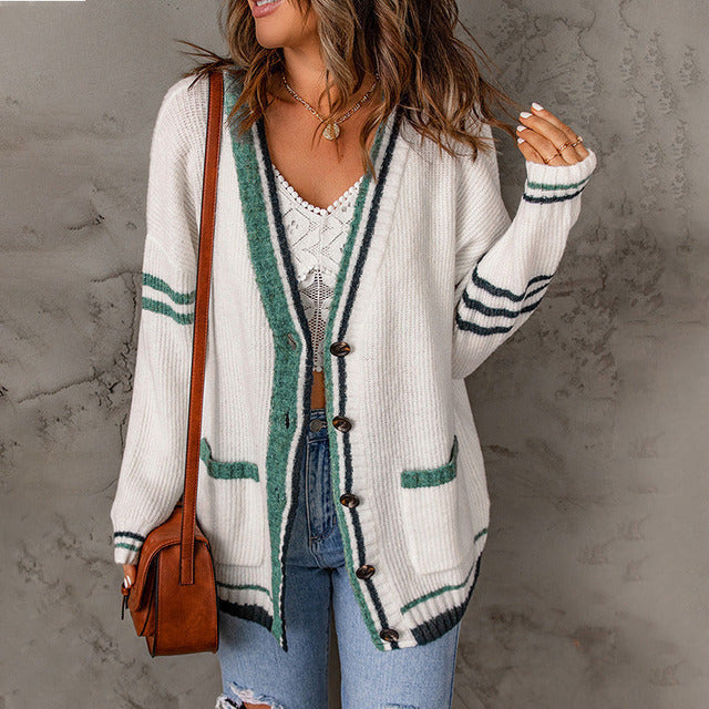 Street-wave Striped Knit Cardigan With Modern Pattern For Women Cozy V-Neck Knitwear With Pockets
