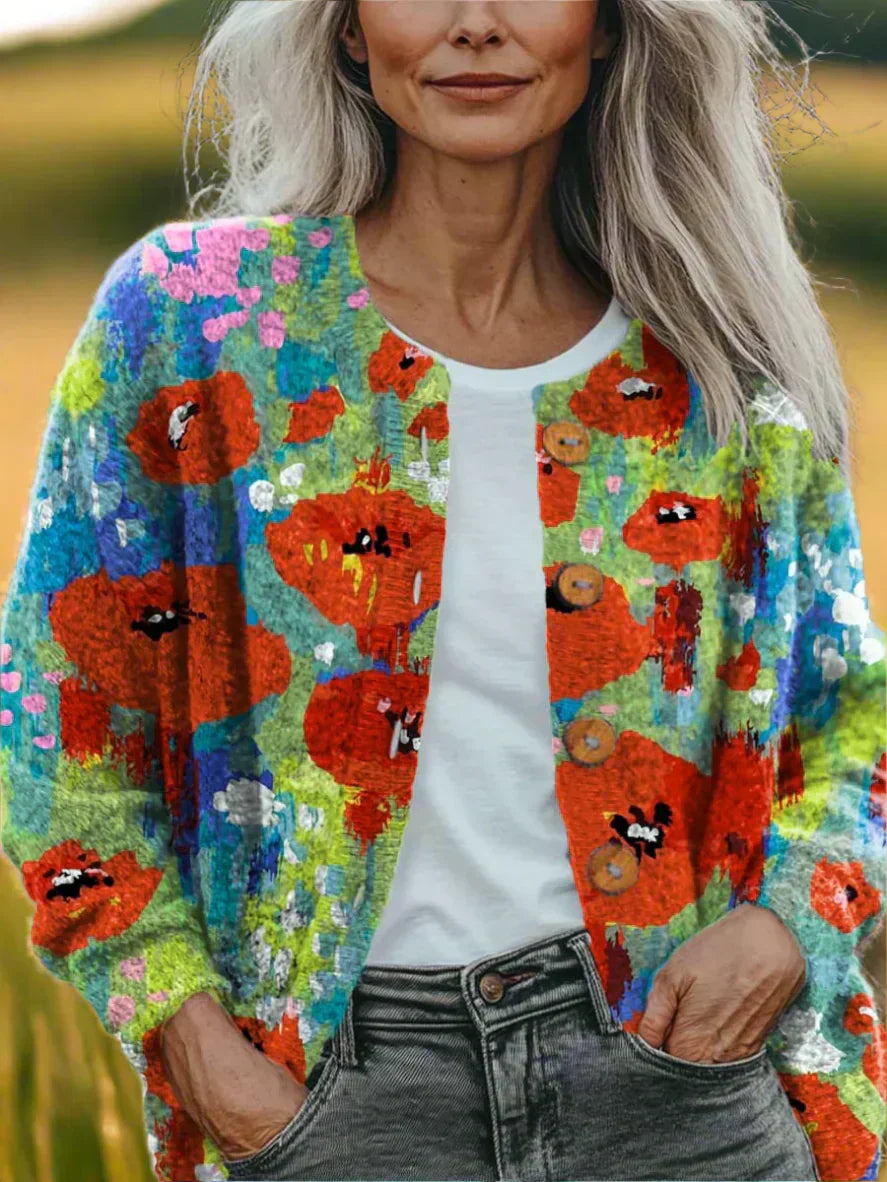 Streetwave Patchwork Knit Cardigan For Women Colorful Floral Patchwork Cozy All Day Comfort