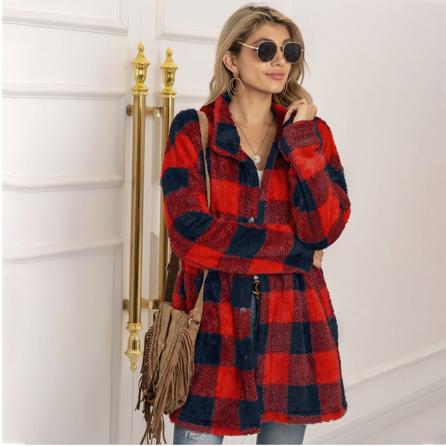 Street-Wave Colorblock Fleece Coat For Women Longline Warm