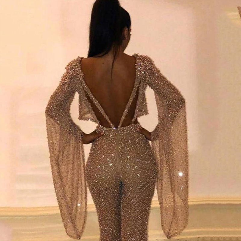 Street-Wave Glitter Sequin Two-Piece Set With Wide-Leg Pants And Long Sleeves For Women