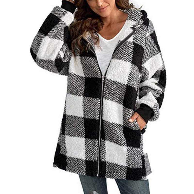 Street-wave Hooded Plaid Coat For Women With Zipper Pockets Warm Cozy Everyday Style
