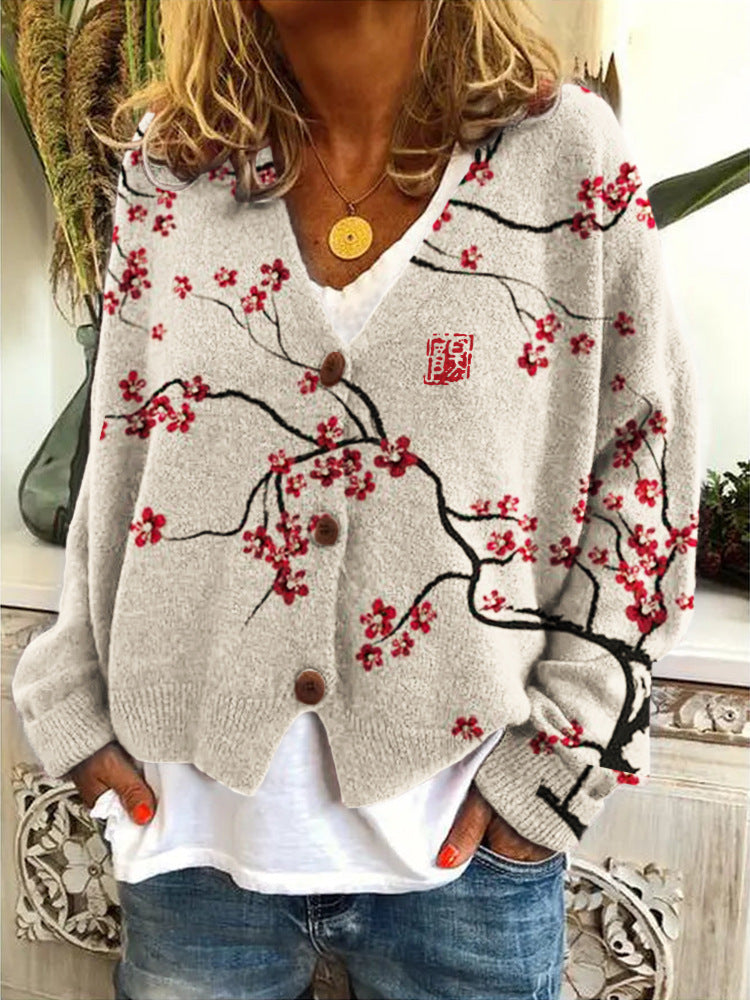 Street-Wave Colorful Women's Cardigan Coat Bold Floral PaintSplash Outerwear Warm Cozy
