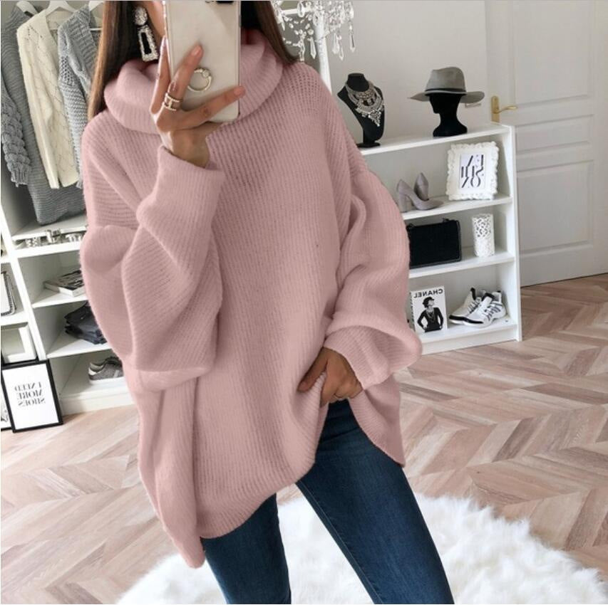Street-Wave Women's Oversized Knit Sweater With High Collar Cozy Relaxed Fit For Cold Weather