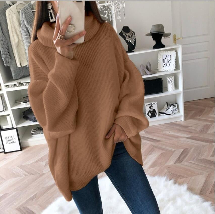 Street-Wave Women's Oversized Knit Sweater With High Collar Cozy Relaxed Fit For Cold Weather