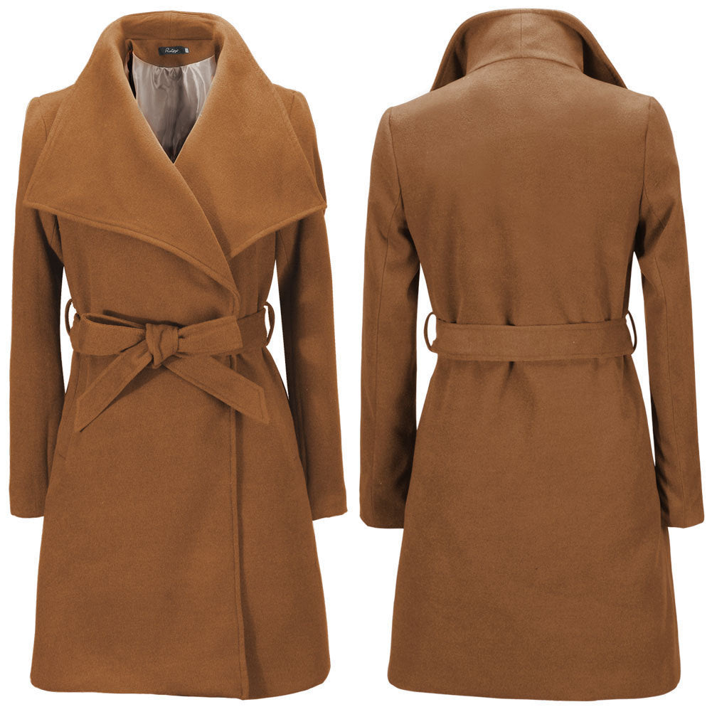 Street Wave Womens Wool Wrap Coat With Large Collar Belt Detail For Warm Comfort