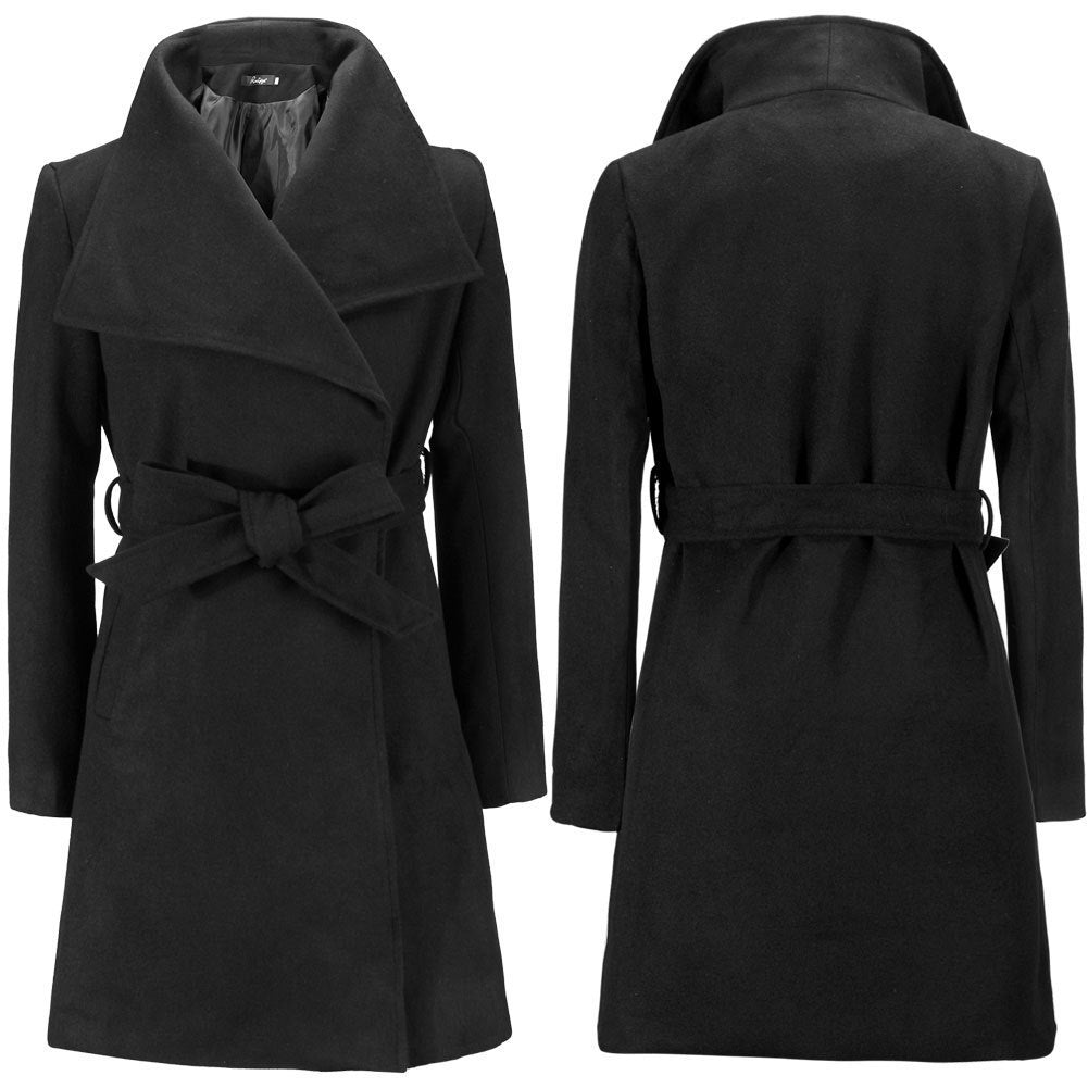 Street Wave Womens Wool Wrap Coat With Large Collar Belt Detail For Warm Comfort