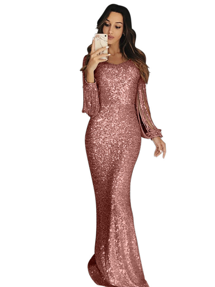 Street-Wave Allover Sequined Evening Dress For Women With Glamorous Silhouette And Long Sleeves