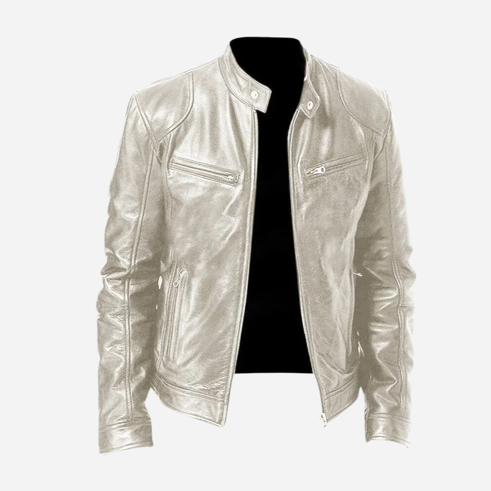Mens Genuine Leather Biker Jacket Slim Fit With Snap Tab Collar And Zipper Closure