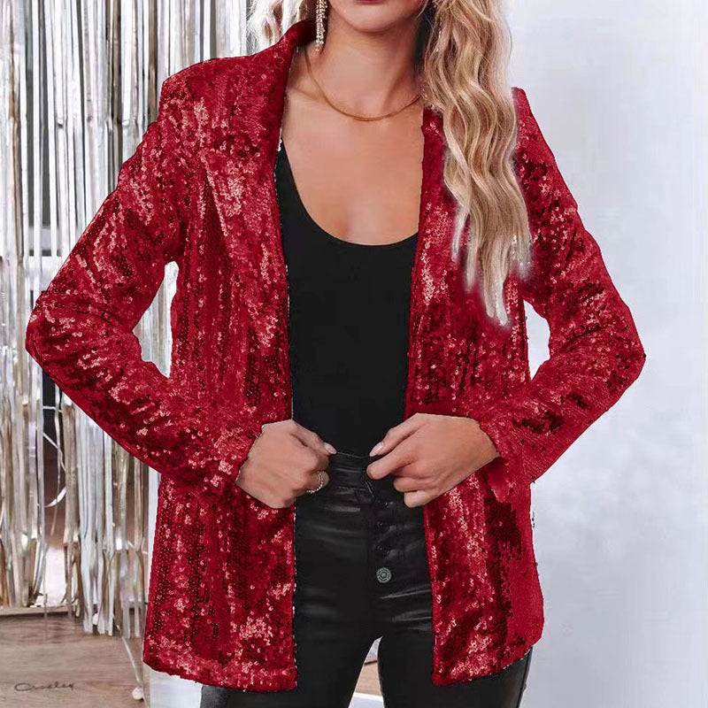 Street-wave Sequin Blazer for Women Sparkling Silver Glitter Shine Party Ready for Events