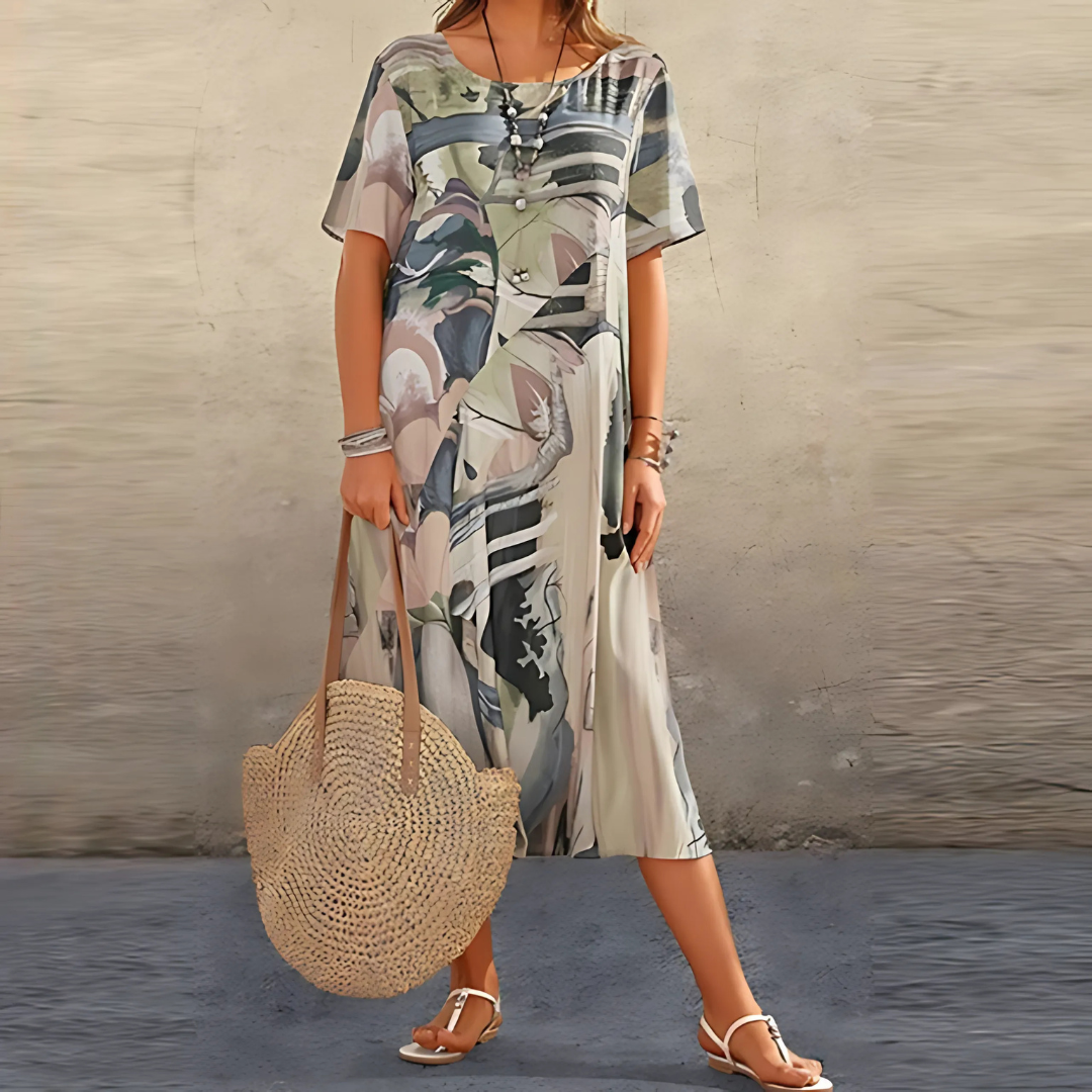 Women's Floral Dress with A-Line Silhouette and Short Sleeves