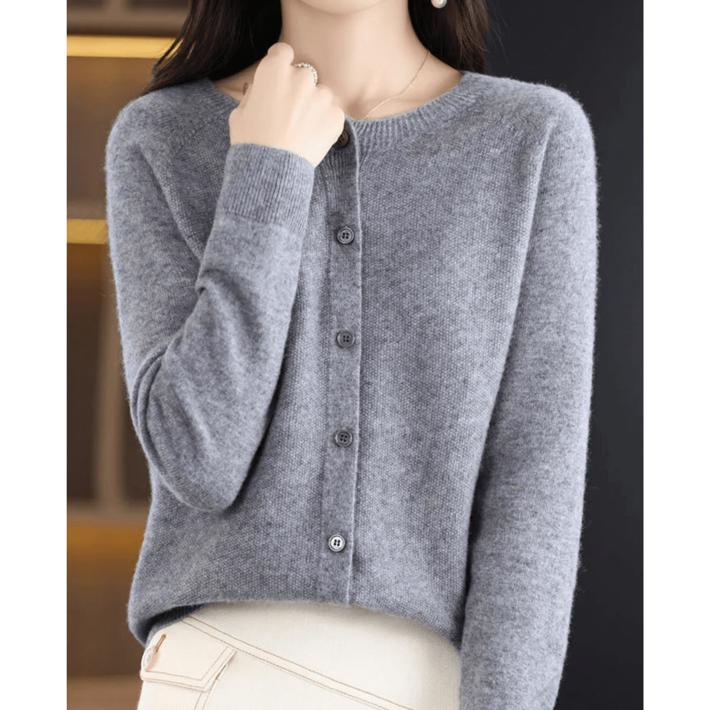 Street-Wave Womens Fine Knit Cardigan Crew Neck Soft CashmereFeel Merino Wool Blend Cozy Warm Essential