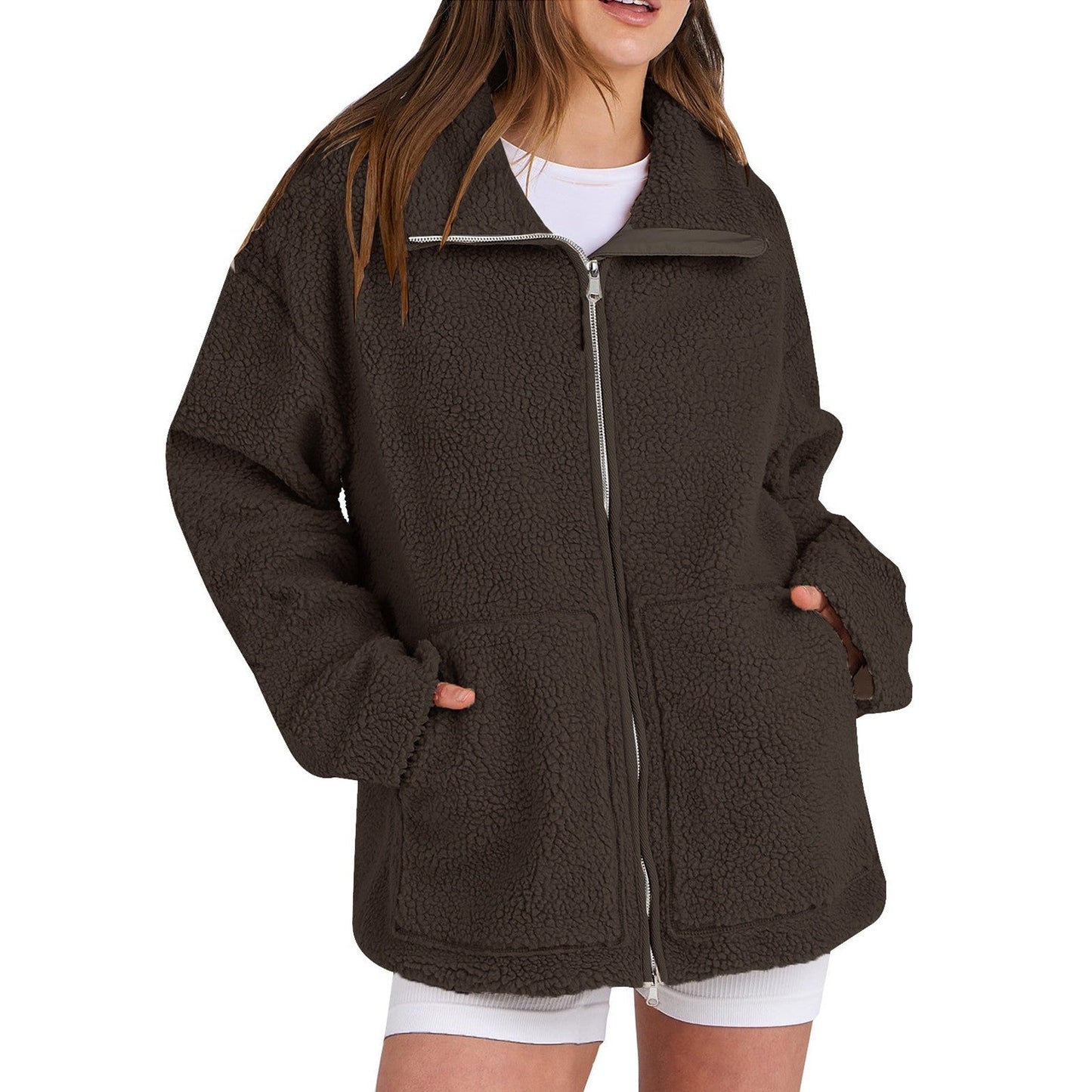 Street-wave Lambswool Coat For Women With High Collar And Cozy Teddy Texture And Warmth