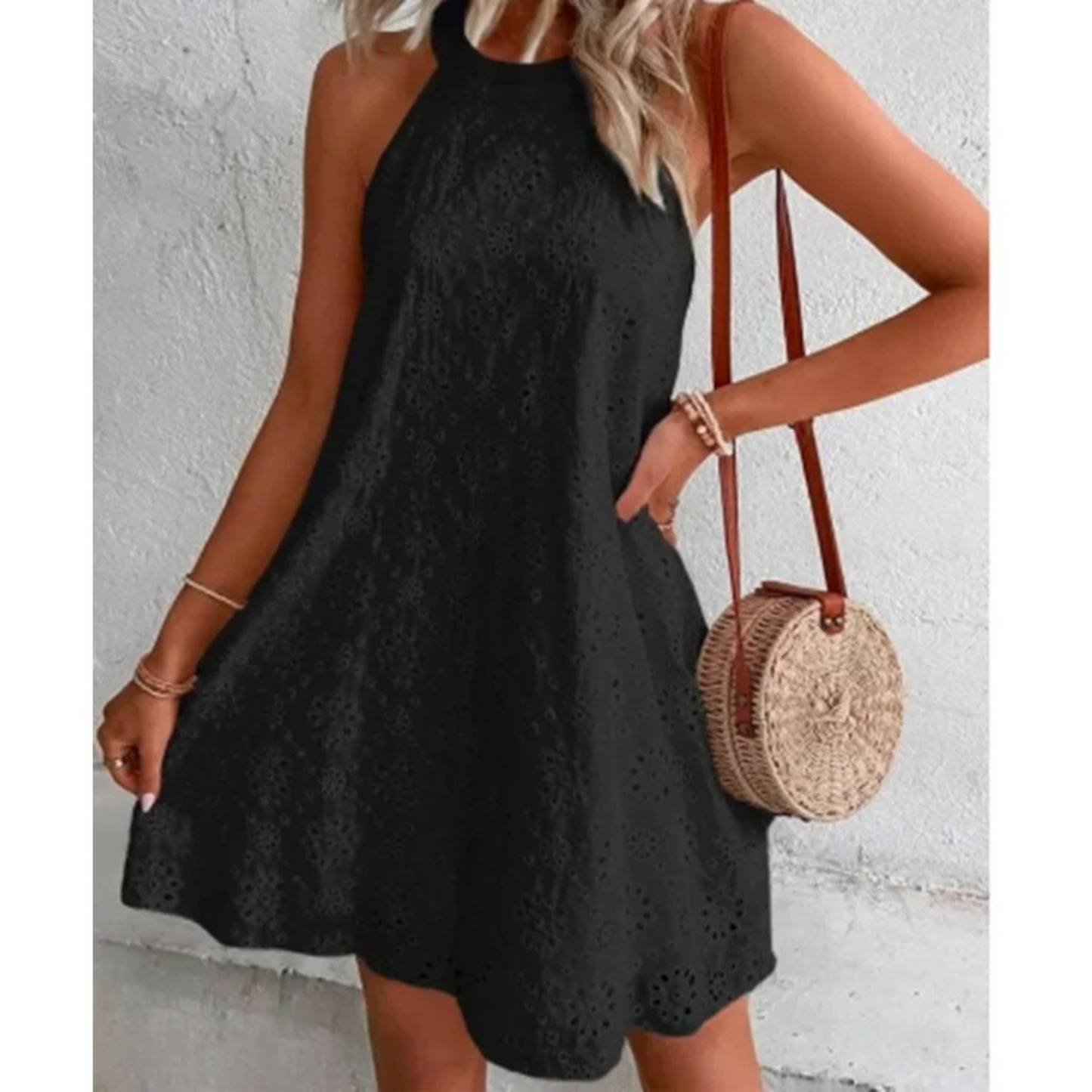 Dress for Women - Sleeveless A-line - Halterneck - Embroidered Lace - Light and Summery