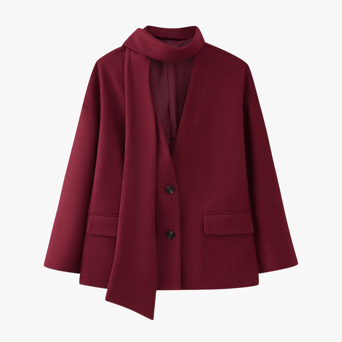 Street-wave Modern Bordeaux Red Short Coat With Scarf Detail For Women Chic Warm Style