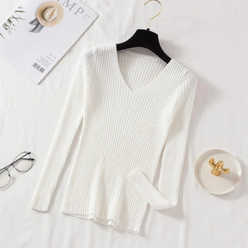 Street-Wave Ribbed V-Neck Pullover For Women Slim Fit Figure Flattering Knit Effortless Versatile Everyday Style