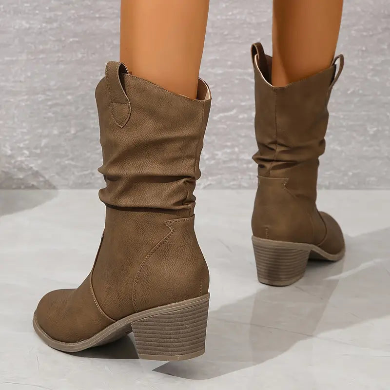 Street-wave Western Boots For Women Durable Leather Comfort Block Heel Rustic Western Charm