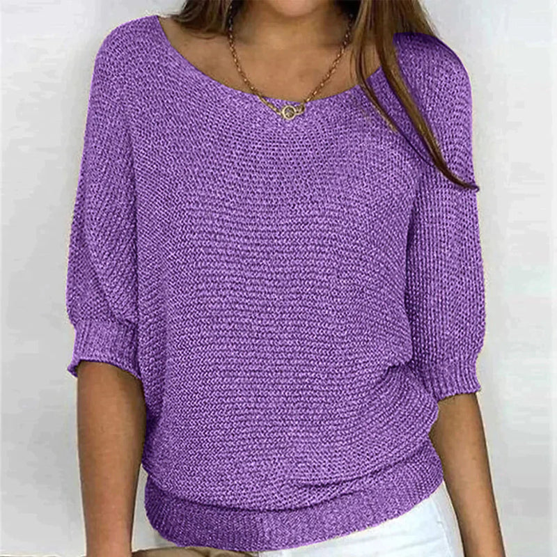 Street Wave Soft Knit Pullover For Everyday Wear Women Crew Neck Neutral Beige Cozy ThreeQuarterSleeve