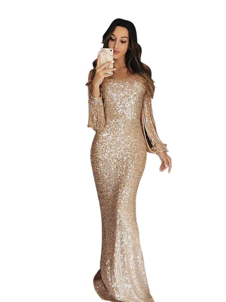 Street-Wave Allover Sequined Evening Dress For Women With Glamorous Silhouette And Long Sleeves