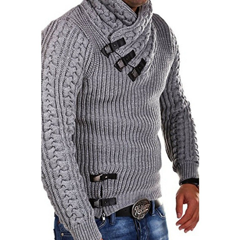 Streetwave Men's Heavy Knit Pullover With Flexible Collar And Decorative Buckles