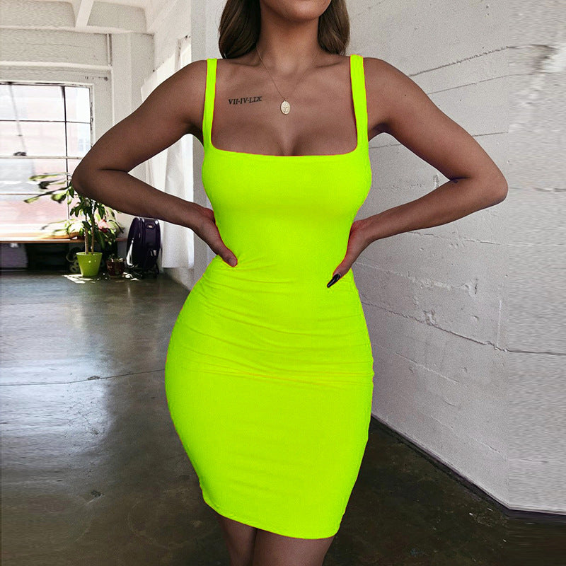 Street Wave Bodycon Mini Dress Neon Lime With Square Neckline For Women Party Ready