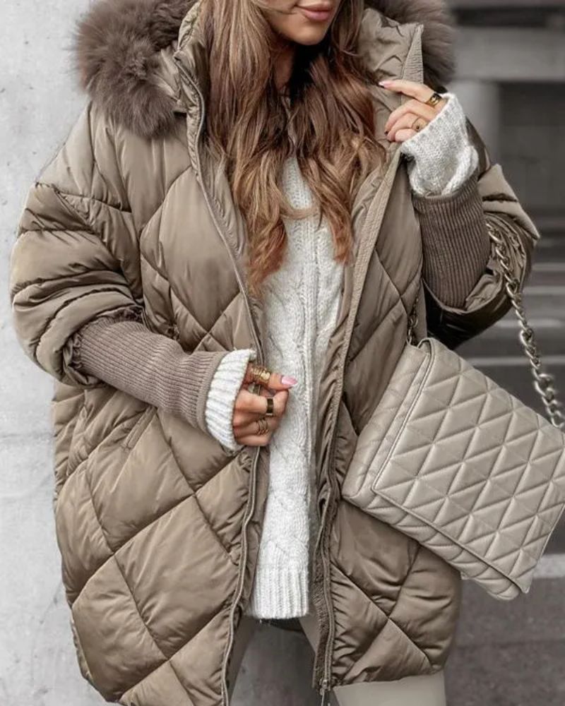 Street-Wave Womens Quilted Puffer Jacket With Hood Fur Trim For Warm Cozy Winter Style