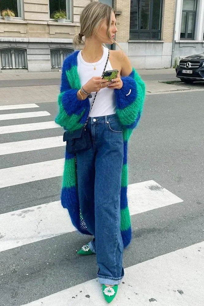 Street-wave Oversized Striped Knit Cardigan For Women - Cozy Soft Comfort, Open Knit, Casual Chic