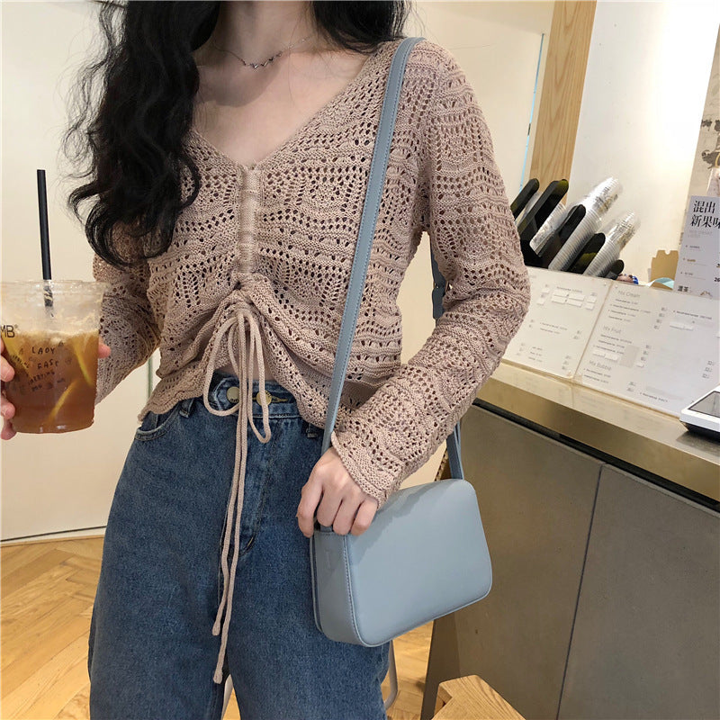 Street-wave Women's Airy Eyelet Knit Cardigan With Drawstring Lightweight Elegant Knitwear
