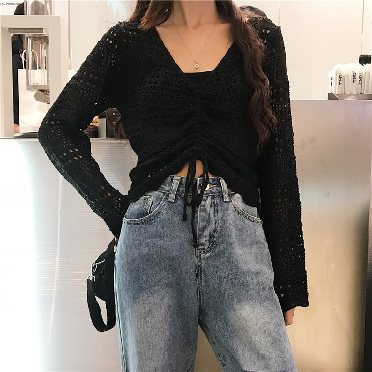 Street-wave Women's Airy Eyelet Knit Cardigan With Drawstring Lightweight Elegant Knitwear