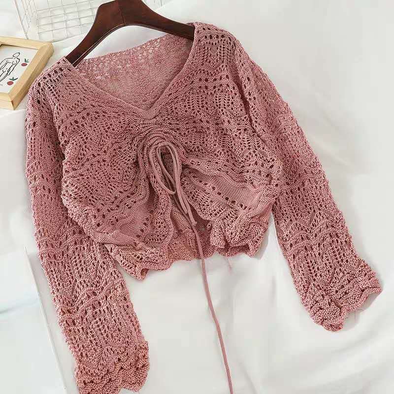 Street-wave Women's Airy Eyelet Knit Cardigan With Drawstring Lightweight Elegant Knitwear